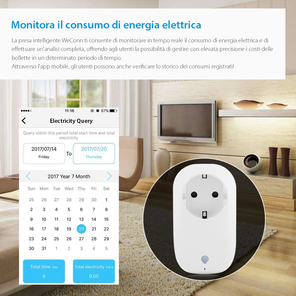 Presa intelligente RedSun RS-SC71, monitoraggio energia, compatibile con Alexa, controllo tramite smartphone