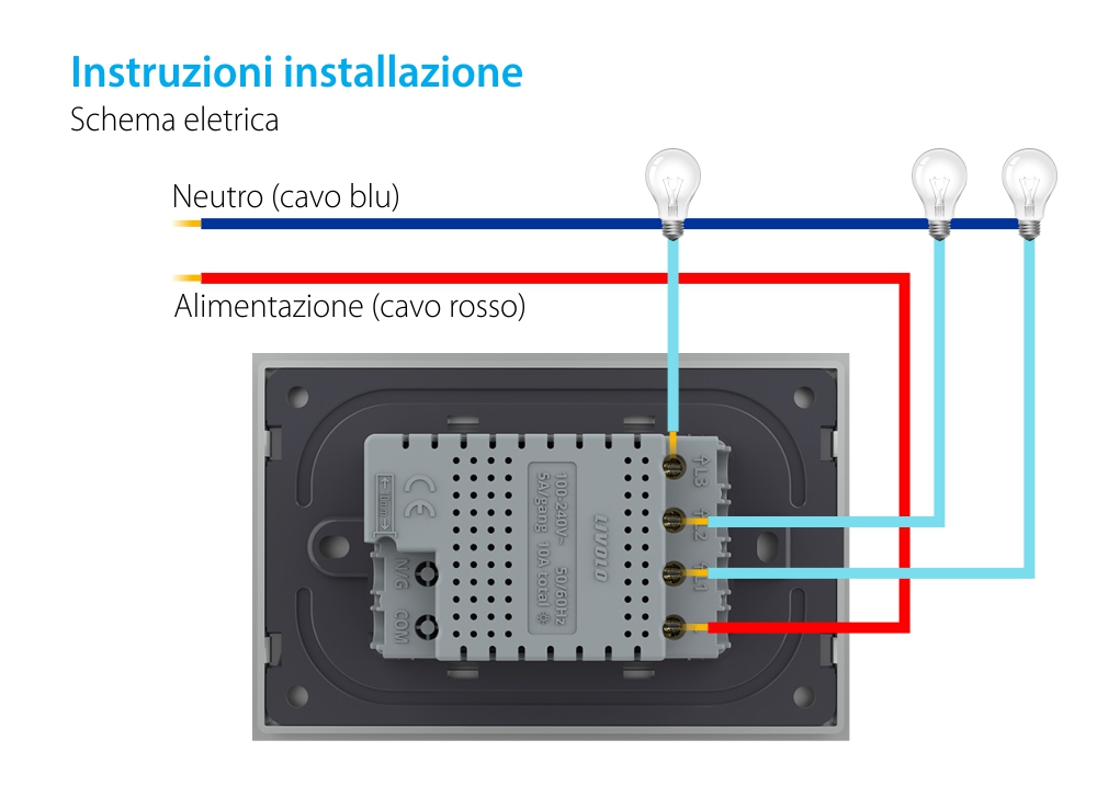 Interruttore triplo touch in vetro Livolo, standard italiano, protocollo ZigBee EC – Nuova serie