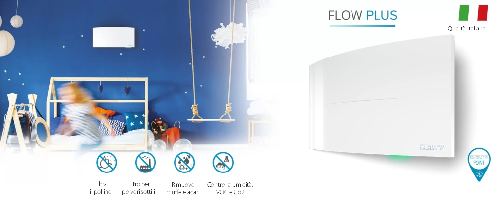 Recuperatore di Calore Helty Flow Plus con Filtro F7+G4, Superficie 42 m², Rendimento 91%, Funzione Free Cooling
