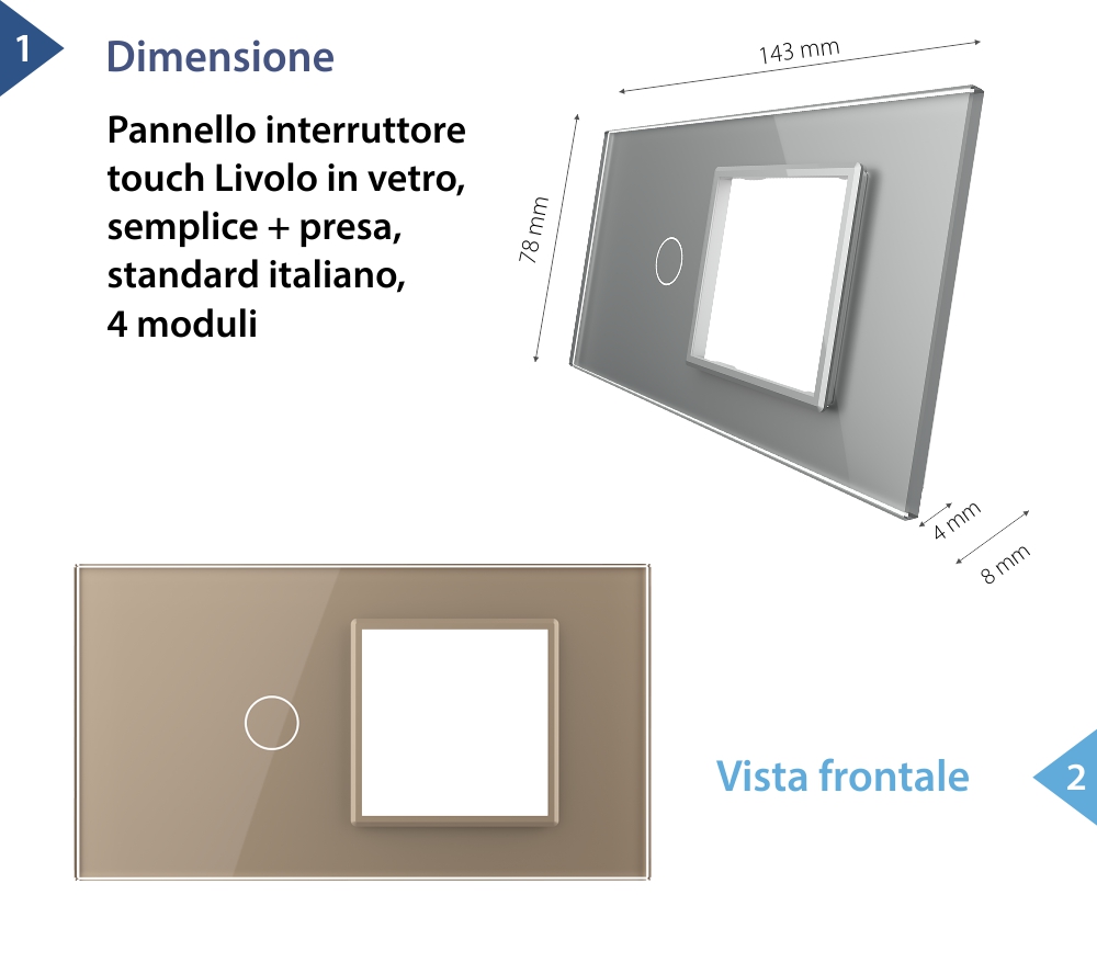 Pannello Interruttore Semplice con Presa LIVOLO in Vetro, Standard Italiano – 4M