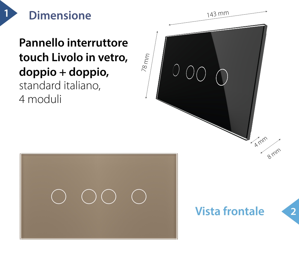 Pannello Interruttore Doppio + Doppio Touch LIVOLO in Vetro, Standard Italiano – 4M