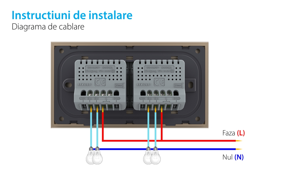 Interruttore doppio + doppio con touch LIVOLO con cornice in vetro, standard italiano, 4M
