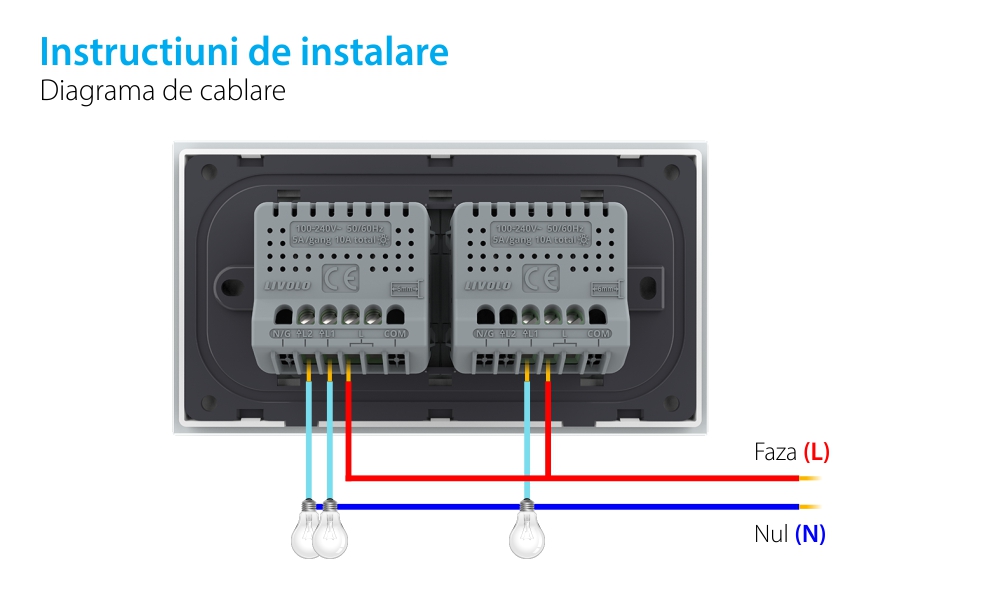 Interruttore semplice + doppio con touch LIVOLO con cornice in vetro, standard italiano, 4M