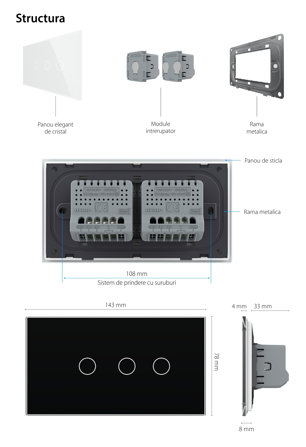 Interruttore semplice + doppio con touch LIVOLO con cornice in vetro, standard italiano, 4M