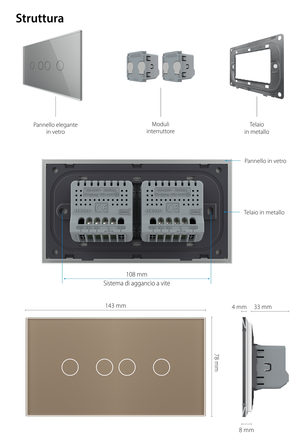 Interruttore doppio + doppio con touch LIVOLO con cornice in vetro, standard italiano, 4M