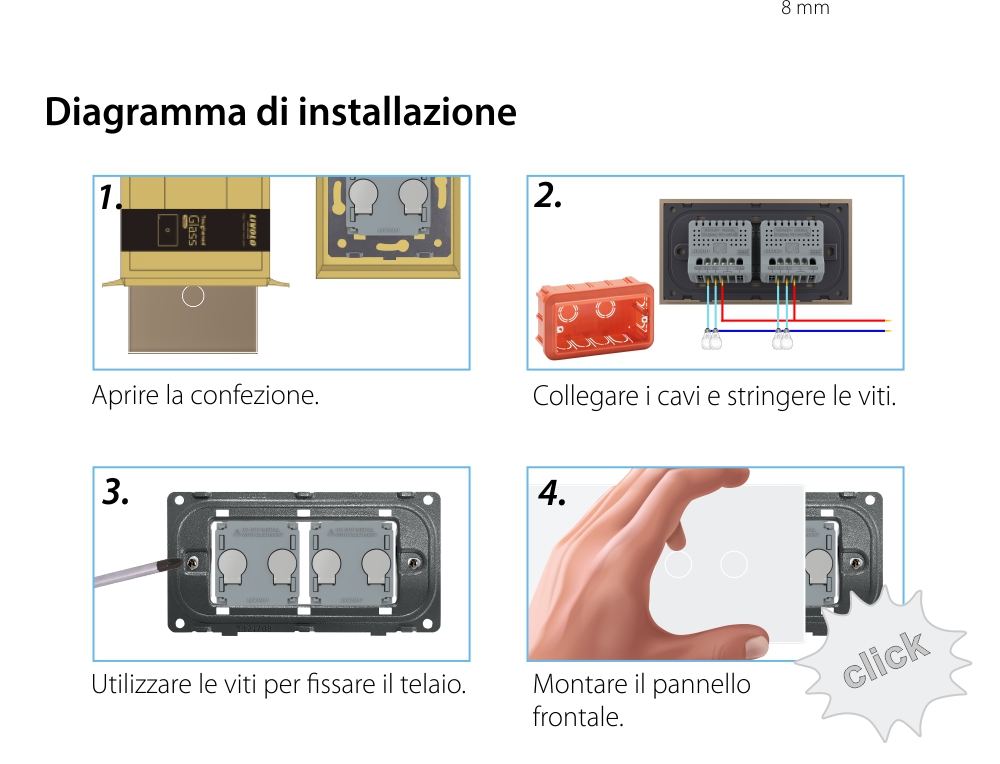 Interruttore doppio + doppio con touch LIVOLO con cornice in vetro, standard italiano, 4M