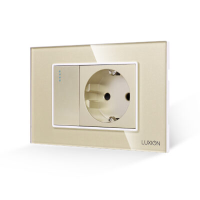 Interruttore Semplice + Presa con Cornice in Vetro 3M LUXION, Standard Italiano colore dorato