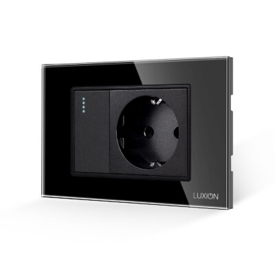 Interruttore Semplice + Presa con Cornice in Vetro 3M LUXION, Standard Italiano colore nero