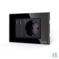 Interruttore Doppio Deviatore + Presa con Cornice in Vetro LUXION, Standard Italiano, 3M colore nero