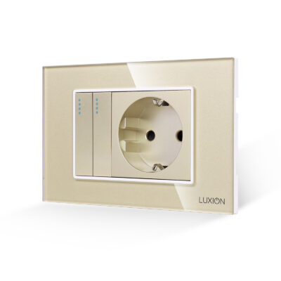 Interruttore Doppio + Presa con Cornice in Vetro LUXION, Standard Italiano, 3M colore dorato