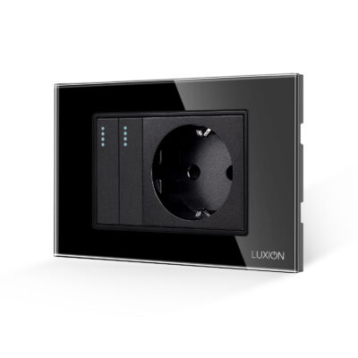 Interruttore Doppio + Presa con Cornice in Vetro LUXION, Standard Italiano, 3M colore nero