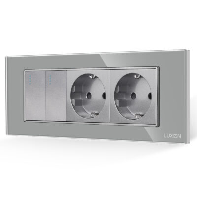 Interruttore Doppio + 2 Prese con Cornice in Vetro LUXION, Standard Italiano, 6M colore griggio