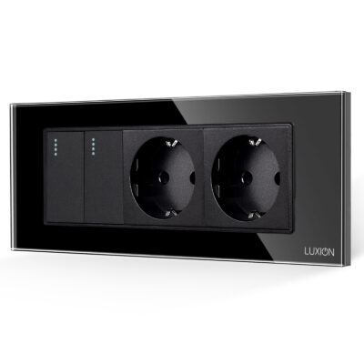 Interruttore Doppio + 2 Prese con Cornice in Vetro LUXION, Standard Italiano, 6M colore nero