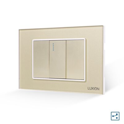 Interruttore Semplice Invertitore 1M Meccanico con 2 Tasti Falsi e Cornice in Vetro LUXION, Standard Italiano colore dorato