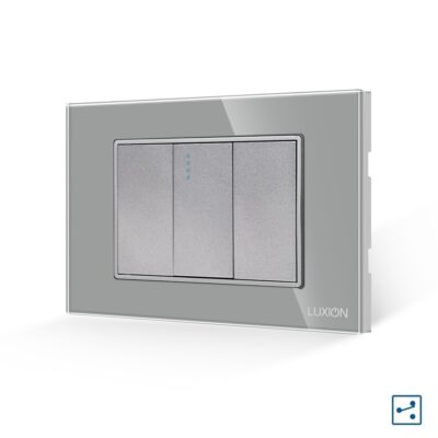 Interruttore Semplice Invertitore 1M Meccanico con 2 Tasti Falsi e Cornice in Vetro LUXION, Standard Italiano colore griggio