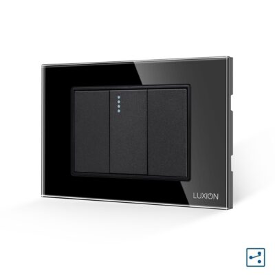 Interruttore Semplice Invertitore 1M Meccanico con 2 Tasti Falsi e Cornice in Vetro LUXION, Standard Italiano colore nero