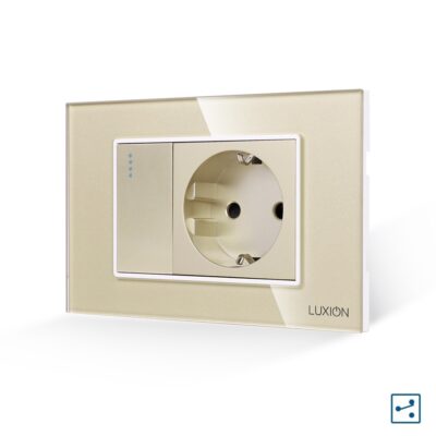 Interruttore Semplice Deviatore + Presa con Cornice in Vetro LUXION, Standard Italiano, 3M colore dorato
