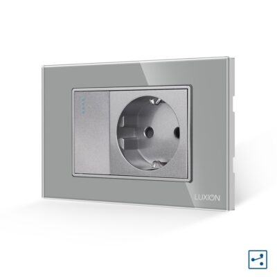 Interruttore Semplice Deviatore + Presa con Cornice in Vetro LUXION, Standard Italiano, 3M colore griggio