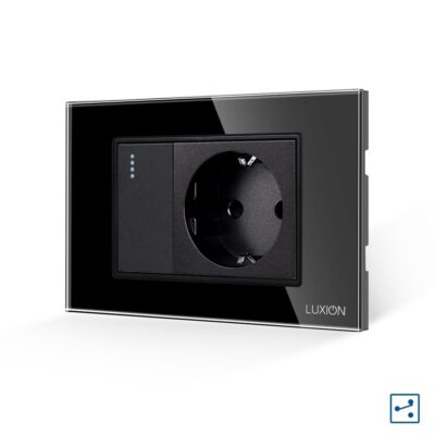 Interruttore Semplice Deviatore + Presa con Cornice in Vetro LUXION, Standard Italiano, 3M colore nero