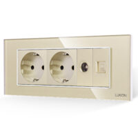 Presa Doppia Schuko + TV + Internet con Cornice in Vetro LUXION, Standard Italiano, 6M colore dorato