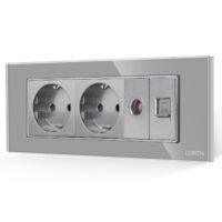 Presa Doppia Schuko + TV + Internet con Cornice in Vetro LUXION, Standard Italiano, 6M colore griggio