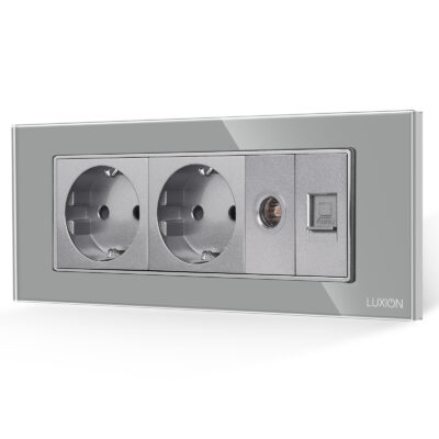 Presa Doppia Schuko + TV + Internet con Cornice in Vetro LUXION, Standard Italiano, 6M colore griggio