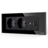 Presa Doppia Schuko + TV + Internet con Cornice in Vetro LUXION, Standard Italiano, 6M colore nero