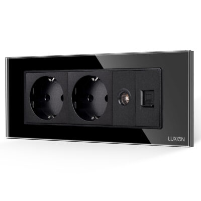 Presa Doppia Schuko + TV + Internet con Cornice in Vetro LUXION, Standard Italiano, 6M colore nero