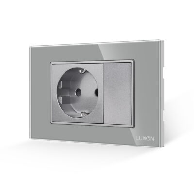 Presa Semplice e 1 Tasto Falso con Cornice in Vetro LUXION, Standard Italiano, 3M colore griggio