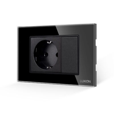 Presa Semplice e 1 Tasto Falso con Cornice in Vetro LUXION, Standard Italiano, 3M colore nero