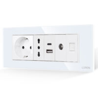 Presa Schuko + Stretta + Doppia USB + TV + Internet con Cornice in Vetro LUXION, Standard Italiano, 6 Moduli (6M)