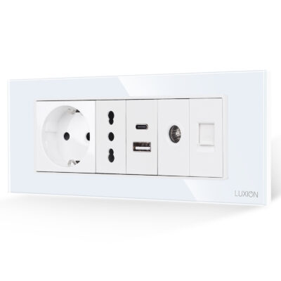 Presa Schuko + Stretta + Doppia USB + TV + Internet con Cornice in Vetro LUXION, Standard Italiano, 6 Moduli (6M)
