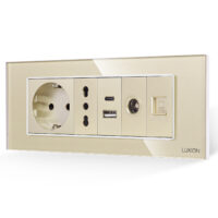 Presa Schuko + Stretta + Doppia USB + TV + Internet con Cornice in Vetro LUXION, Standard Italiano, 6 Moduli (6M) colore dorato