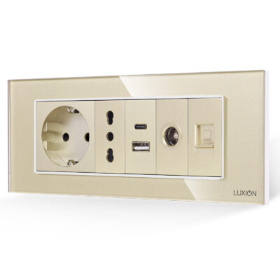 Presa Schuko + Stretta + Doppia USB + TV + Internet con Cornice in Vetro LUXION, Standard Italiano, 6 Moduli (6M) colore dorato