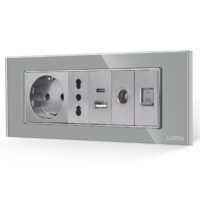 Presa Schuko + Stretta + Doppia USB + TV + Internet con Cornice in Vetro LUXION, Standard Italiano, 6 Moduli (6M) colore griggio