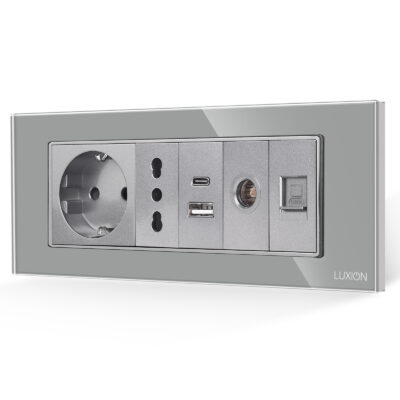 Presa Schuko + Stretta + Doppia USB + TV + Internet con Cornice in Vetro LUXION, Standard Italiano, 6 Moduli (6M) colore griggio