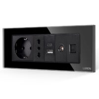 Presa Schuko + Stretta + Doppia USB + TV + Internet con Cornice in Vetro LUXION, Standard Italiano, 6 Moduli (6M) colore nero