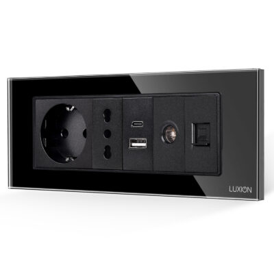 Presa Schuko + Stretta + Doppia USB + TV + Internet con Cornice in Vetro LUXION, Standard Italiano, 6 Moduli (6M) colore nero