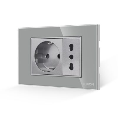 Presa doppia con cornice in vetro LUXION, Standard Italiano, 3 moduli (3M) colore griggio
