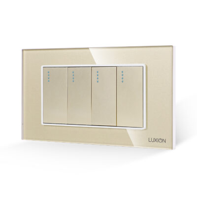 Interruttore meccanico quadruplo LUXION con placca in vetro, standard italiano, 4M colore dorato