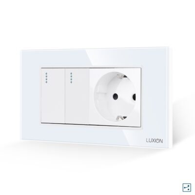 Interruttore Doppio Deviatore + Presa con Cornice in Vetro LUXION, Standard Italiano, 4M
