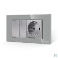 Interruttore Doppio Deviatore + Presa con Cornice in Vetro LUXION, Standard Italiano, 4M colore griggio