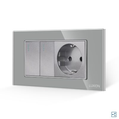Interruttore Doppio Deviatore + Presa con Cornice in Vetro LUXION, Standard Italiano, 4M colore griggio
