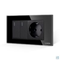 Interruttore Doppio Deviatore + Presa con Cornice in Vetro LUXION, Standard Italiano, 4M colore nero