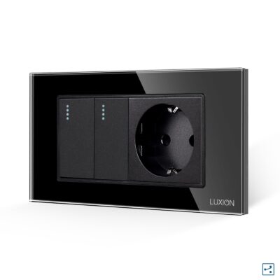 Interruttore Doppio Deviatore + Presa con Cornice in Vetro LUXION, Standard Italiano, 4M colore nero