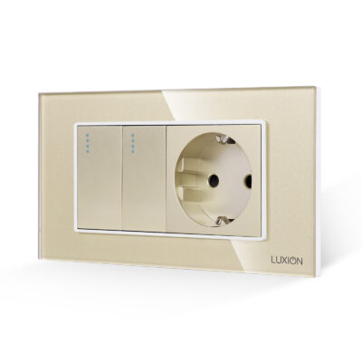 Interruttore Doppio + Presa con Cornice in Vetro LUXION, Standard Italiano, 4M colore dorato