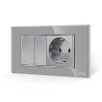 Interruttore Doppio + Presa con Cornice in Vetro LUXION, Standard Italiano, 4M colore griggio