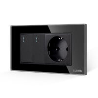 Interruttore Doppio + Presa con Cornice in Vetro LUXION, Standard Italiano, 4M colore nero