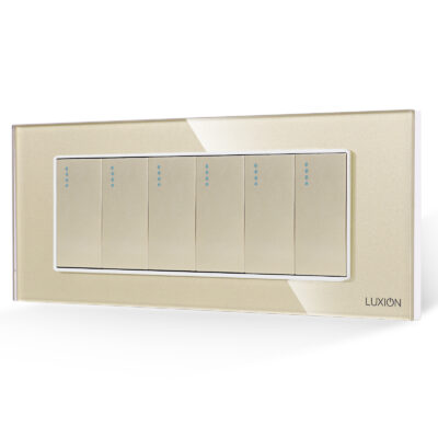 Interruttore meccanico 6 posti LUXION con placca in vetro, standard italiano, 6M colore dorato