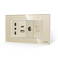 Presa Stretta + Doppia USB + TV + Internet con Cornice in Vetro LUXION, Standard Italiano, 4M colore dorato